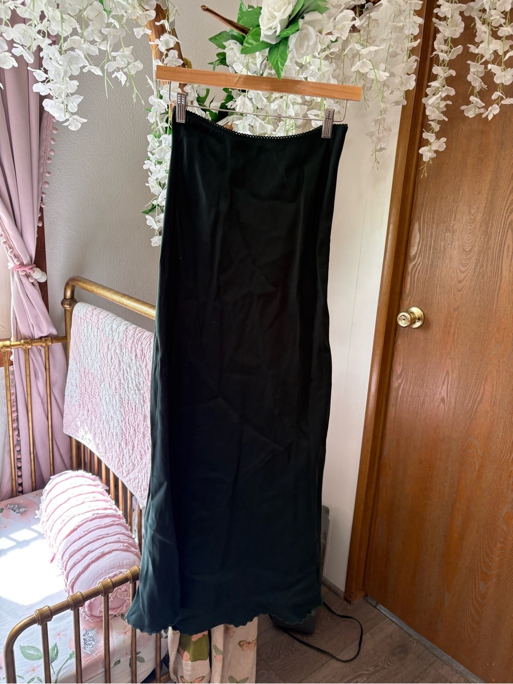 THE GREAT. Emerald Green Satin Maxi Slip Skirt with Subtle Shine
